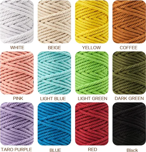 Miniatura 2 de PHUNTTEK - Cuerda de macramé de 5 mm, kit de 12 colores de cuerda de algodón de suministros con 4 hebras de hilo de yarda