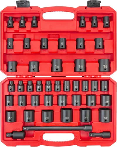 TEKTON Juego de llaves de vaso de impacto de 6 puntos poco profundas de 1/2 pulgada con funda, 45 piezas (5/16-1-1/4 pulgadas, 0.315-1.260 in) |