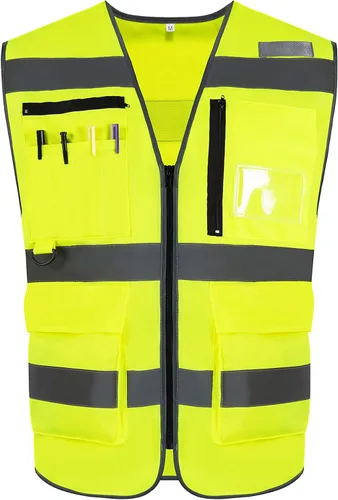 Miniatura 7 de Chaleco de seguridad reflectante de alta visibilidad, clase 2, 10 bolsillos, transpirable y forro de malla, ropa de trabajo (M-2XL, amarillo negro)