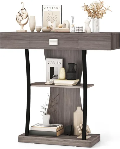 Giantex Mesa consola estrecha en forma de T – Mesa para detrás del sofá con cajón, estantes, kits dobles antivuelcos, moderna mesa de vestíbulo,