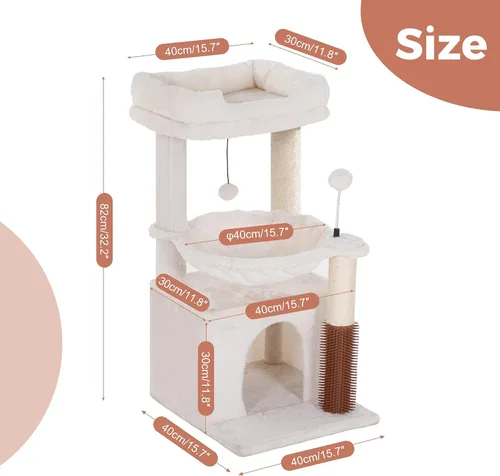Miniatura 6 de Árbol para gatos pequeños de 32 pulgadas para gatos grandes, torre para gatos adultos con poste rascador, hamaca grande de 15.7 pulgadas y auto Beige
