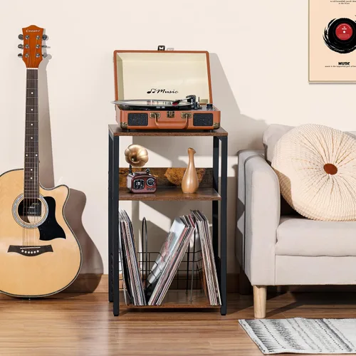 Miniatura 2 de LELELINKY Mesa auxiliar de 3 niveles, soporte para tocadiscos con almacenamiento de hasta 100 álbumes, soporte para tocadiscos para vinilo, estante
