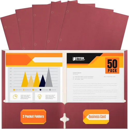 Miniatura 8 de Better Office Products Carpetas portafolio de dos bolsillos, paquete de 50 unidades, color negro, carpetas de papel tamaño carta, 50 piezas
