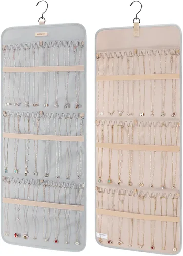 Miniatura 15 de Organizador de joyas colgante BAGSMART con rollo de almacenamiento y ganchos metálicos, soporte doble para aretes, collares, anillos en el armario