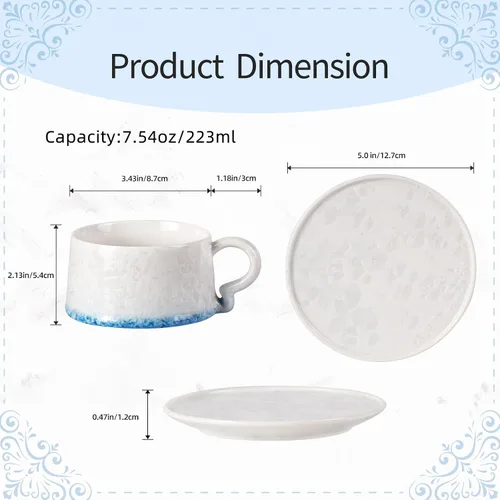 Miniatura 2 de Juego de 2 tazas de té y platillos KAMMAK, tazas de café de porcelana, 7.5oz tazas de expreso con esmalte cristalino, tazas de cerámica demitaza