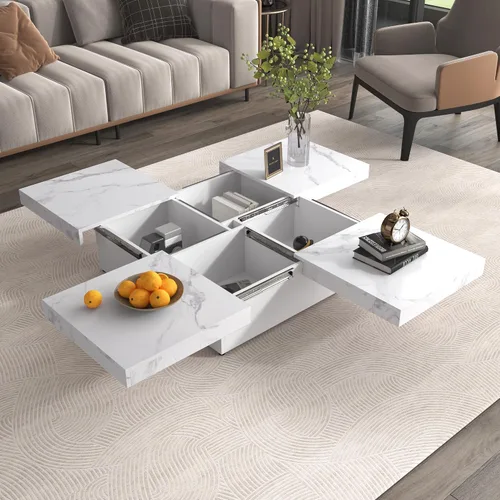 Miniatura 9 de Mesa de centro moderna con almacenamiento, mesa de cóctel de madera con superficie UV de alto brillo, mesas de centro rectangulares de 2 niveles