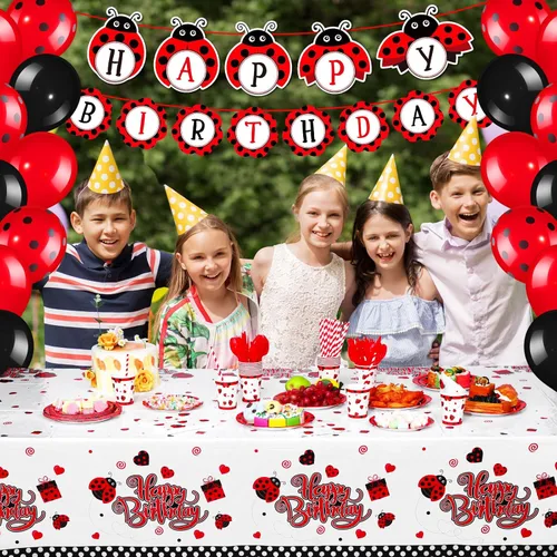 Miniatura 4 de Sumind Juego de 200 decoraciones de fiesta de cumpleaños con temática de mariquita, suministros para fiestas temáticas de mariquita, vajilla