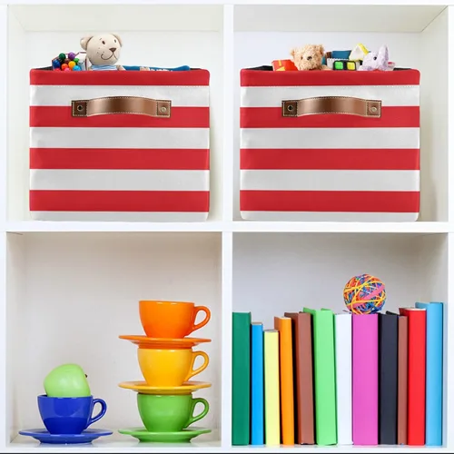 Miniatura 6 de Cesta de almacenamiento de cubos de almacenamiento a rayas rojas y blancas con asas, 1 paquete