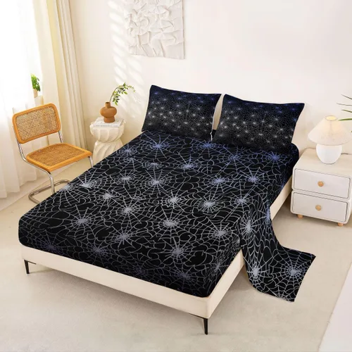 Miniatura 8 de Erosebridal Sábanas de Telaraña Juego de Sábanas Feliz Halloween Juego de Ropa de Cama de Líneas Rayas Geométricas Tamaño King Sábana Plana Amarillo