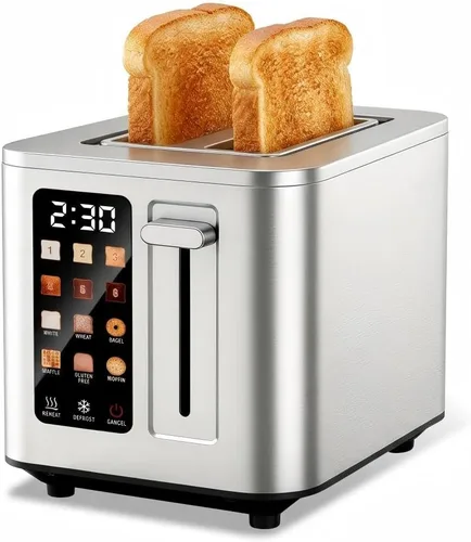 Tostadora de pantalla táctil de 2 rebanadas, tostadoras de acero inoxidable, temporizador digital, 2 ranuras, 6 ajustes de sombra, 6 tipos de pan