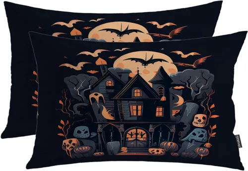 Miniatura 25 de Shrahala Funda de almohada decorativa de castillo oscuro de Halloween, casa con murciélagos de bruja, esqueleto, funda de almohada cuadrada mezclada