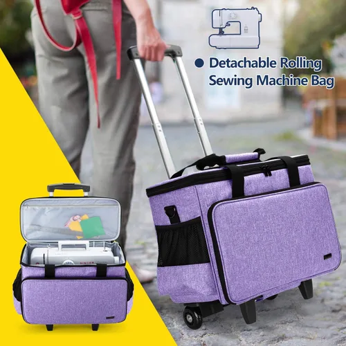 Miniatura 7 de Yarwo Funda de transporte mejorada para máquina de coser con ruedas, bolsa de mano desmontable con tabla inferior extraíble y pata de remolque Morado