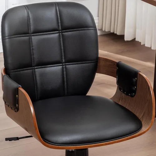 Miniatura 6 de Silla de escritorio de oficina en casa con ruedas giratorias, artesanía de nogal, respaldo y brazos curvos ergonómicos, piel sintética, altura Nogal