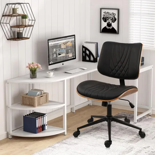 Miniatura 8 de CLATINA Silla de oficina en casa sin brazos, silla de escritorio con ruedas, silla de lectura de altura ajustable, respaldo medio de cuero y silla