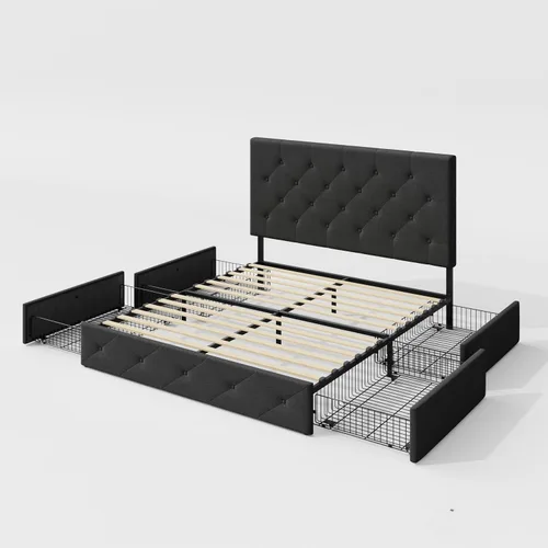 Miniatura 9 de Allewie - Base de cama con plataforma de tamaño Queen, tapizada, con 4 cajones de almacenamiento y cabecera, botones cosidos en forma de diamante