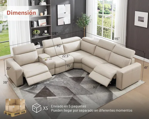 Miniatura 2 de Sofá Reclinable Eléctrico AMERLIFE, Sofá Reclinable con Consola y Reclinación Dual, Sofá Seccional de Cuero para Sala de Estar, Beige Marrón