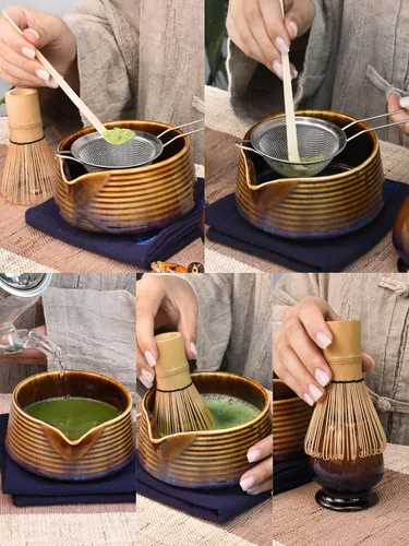 Miniatura 6 de Artcome Juego de té Matcha – Kit japonés Matcha con batidor de bambú, cuenco de boquilla para vertido, cuchara, tamiz, soporte y manual – brillos