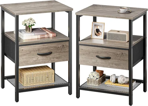 Miniatura 20 de Huuger Mesita de noche con cajón de tela, mesa auxiliar con estante de malla, mesita de noche para dormitorio, cómoda de cajones de tela, estante