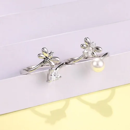 Miniatura 6 de FJ Anillo abierto de plata de ley para mujer, con piedra natal (anillo ajustable)