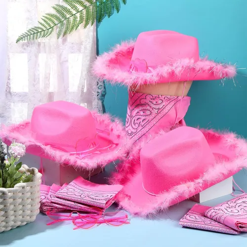 Miniatura 2 de Paquete de 24 sombreros de vaquera con bandana de cachemira y lentes de corazón, sombreros de vaquera de plumas esponjosas para fiesta