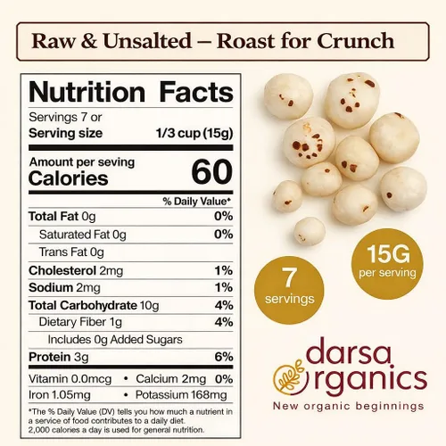 Miniatura 2 de Darsa Organics Nueces crudas de 3.5 onzas Semillas de loto sin tostar y sin sal (Makhana) – Asado en casa para un aperitivo bajo en calorías