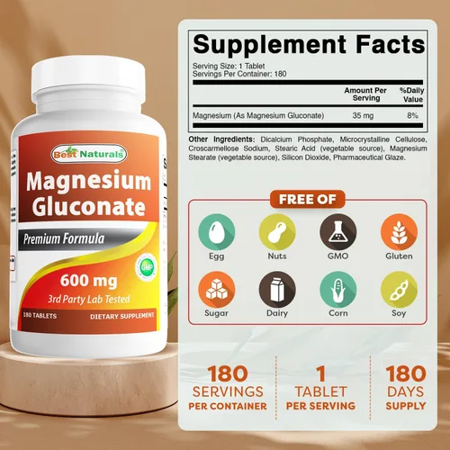 Miniatura 2 de Best Naturals Gluconato de magnesio (35 mg de magnesio elemental de 600 mg de gluconato de magnesio) 180 comprimidos