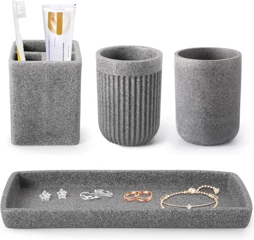 Miniatura 11 de Juego de baño de resina de 6 piezas color beige completo con soporte para cepillos de dientes, dispensador de jabón de loción, 2 dispensadores