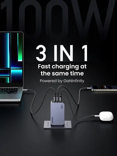 Miniatura 3 de UGREEN Nexode Pro 100W GaN Cargador de pared USB C, Cargador PPS compacto de 3 puertos y rápido para MacBook Pro/Air, Pixelbook, iPad, serie iPhone
