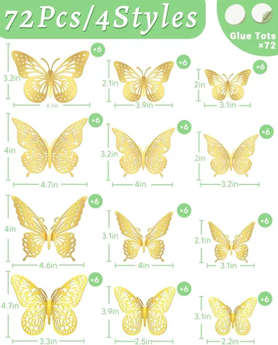 Miniatura 5 de 72 piezas de decoración de pared de mariposas 3D en oro, decoraciones de mariposas doradas para el Día del Padre, 4 estilos 3 tamaños, mariposas