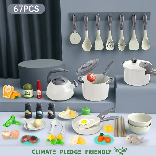 Miniatura 2 de Bruvoalon Juego de 67 piezas de juguetes de cocina para niños, juego de cocina de simulación para niños pequeños con ollas, sartenes, utensilios