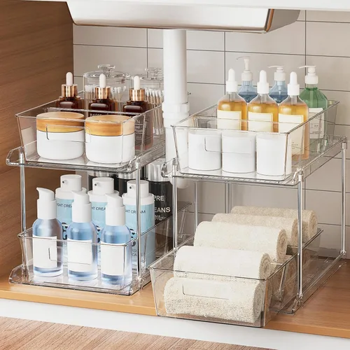 Fabspace Organizador Extraíble para el Hogar, Paquete de 2 Organizadores de Baño Transparentes de 2 Niveles con Separadores, Bandeja Multiuso para