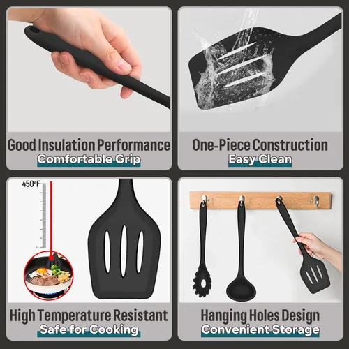 Miniatura 3 de E-far - Juego de utensilios de cocina de silicona, 7 piezas en color negro, utensilios de cocina resistentes al calor, utensilios de cocina