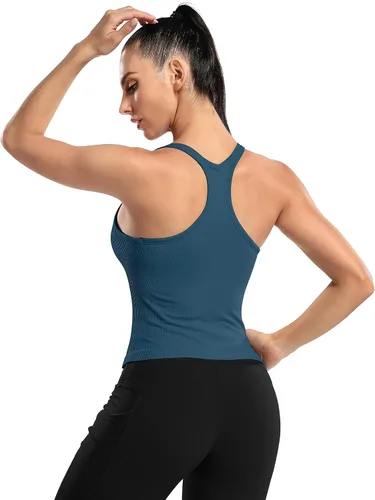 Miniatura 19 de ATTRACO Camiseta corta acanalada de entrenamiento para mujer con brasier integrado para yoga, espalda cruzada, ajuste ajustado