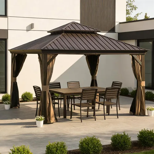 Miniatura 13 de Domi - Cenador de techo rígido de 8 x 8 pies con malla y cortinas, cenador para exteriores con techo doble de acero galvanizado para patio, césped