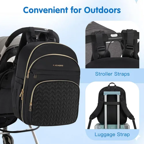 Miniatura 7 de KABAQOO Mochila para pañales de bebé, mochila impermeable para pañales para mamá y papá con cambiador, bolsillos aislados y correas para cochecito