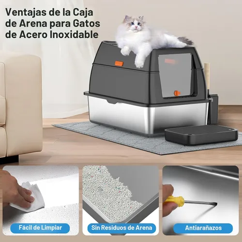 Miniatura 7 de Caja de arena de acero inoxidable con tapa, caja de arena para gatos de entrada frontal y salida superior, caja de metal cerrada extragrande