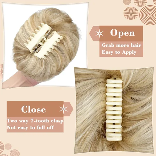 Miniatura 4 de Moño desordenado, extensiones de cabello sintético con clip de garra, para mujer, rubio ceniza, mezcla de rubio decolorado