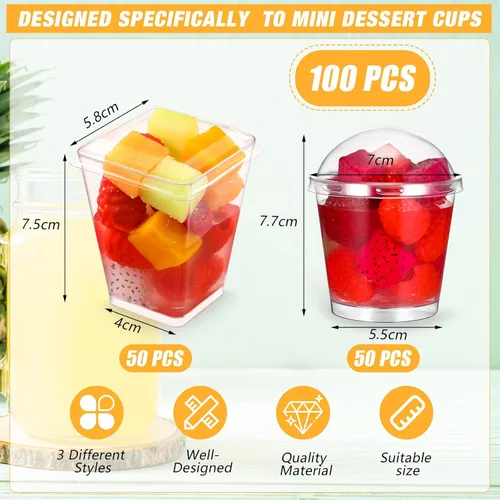 Miniatura 2 de Eaasty 100 juegos de tazas de postre con tapas y cucharas, vasos de plástico para yogur, parfait y aperitivo, recipientes redondos y cuadrados