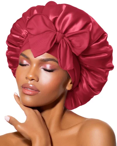 Miniatura 29 de Gorro de satén de seda para dormir con banda ancha para cabello rizado, color rosado oro rosa claro