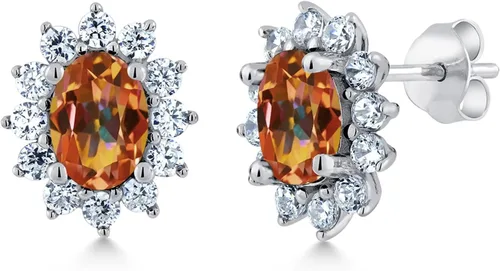 Miniatura 155 de Gem Stone King Aretes ovalados de plata de ley 925 de 0.276 x 0.197 in con piedra natal de la princesa Diana, estilo halo real para mujeres