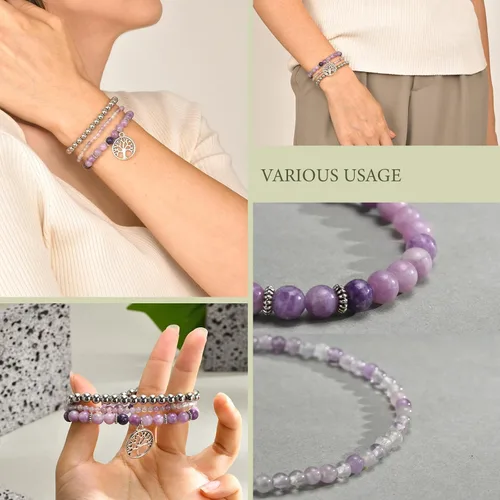 Miniatura 4 de TempBeau Life of Tree Bracelet for Women - Natural Stone Crystal Beaded Girl Stretch, Stackable Silver Chain Strand Set, Boho Bohemian Beach