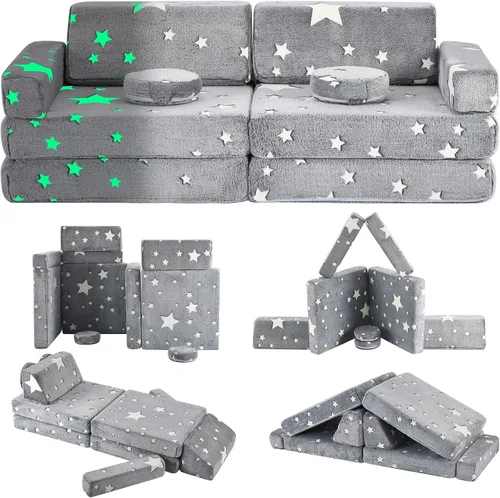 Miniatura 8 de Sofá de juegos para niños, sofá de 10 piezas para sala de juegos y dormitorio, modular para jugar, crear, dormir (rosa)