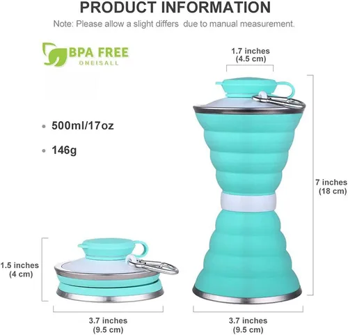 Miniatura 7 de Collapsible Water Bottle, Camping Cup With Carabiner, Reuseable Silicone Foldable Leak Proof Portable Sports Travel Water Bottles For Outdoor, Verde