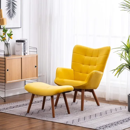 Roundhill Furniture Leiria - Silla contemporánea de terciopelo sedoso copetudo con otomana, color amarillo
