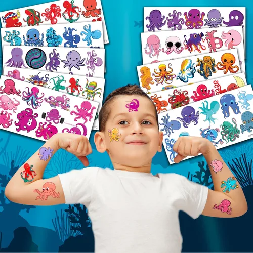 Miniatura 4 de 100 piezas temáticas de pulpo, regalos de fiesta de cumpleaños, suministros de decoración, pulpo, océano bajo el mar, animales, tatuajes temporales