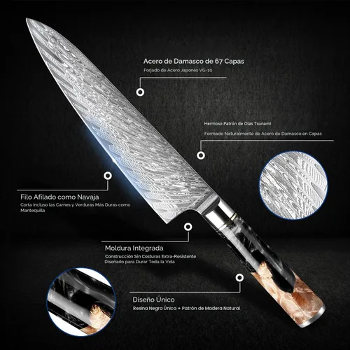Miniatura 2 de SENKEN Juego de 7 piezas de cuchillos de cocina de Damasco - Colección Tsunami - Acero VG10 japonés de 67 capas - Cuchillo de chef, cuchillo