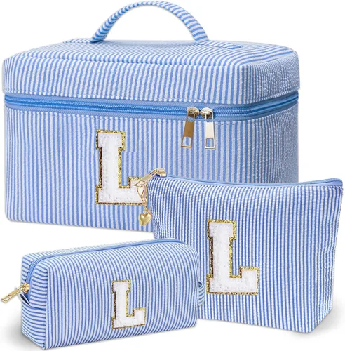 Miniatura 33 de Bolsa de maquillaje Adoryoung 3 piezas rosa+azul, Azul, A