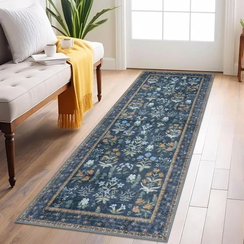 Miniatura 68 de Lansny Alfombra bohemia de 2 x 3 pulgadas, lavable, color negro, azul marino, floral, alfombra de cocina, alfombra de área pequeña de lana