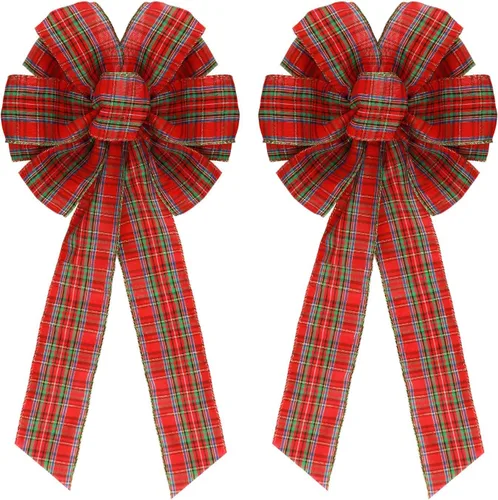 Meseey 2 lazos grandes de Navidad rojos y verdes de 16 x 8 pulgadas para coronas doradas para envolver regalos, decoración del árbol, puerta