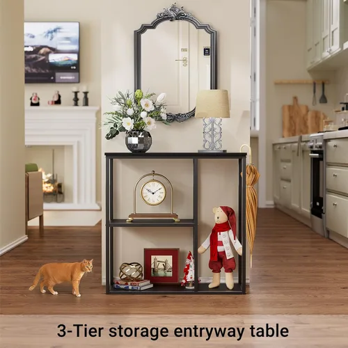 Miniatura 3 de WOHOMO Mesa consola, mesa de entrada estrecha de 12 pulgadas para sala de estar, 31.5 x 31.5 pulgadas, mesa de sofá industrial negra con estantes